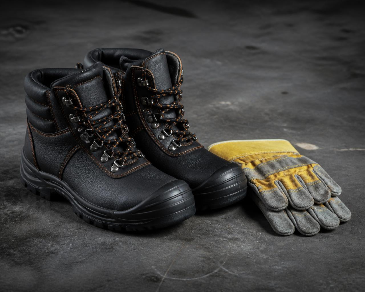 Steel toe safety boots with heavy duty work gloves
