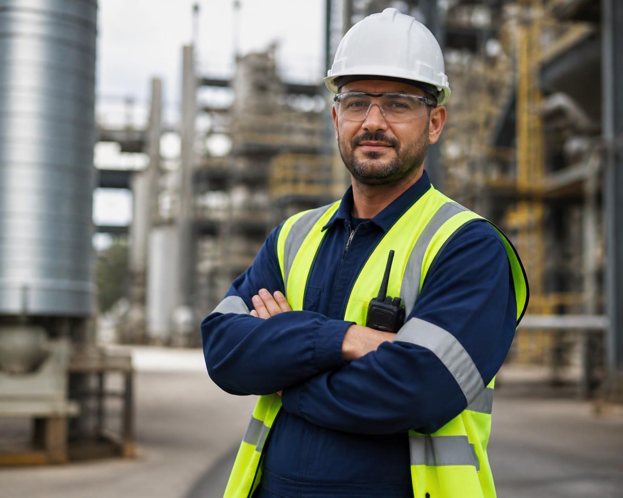 Worker in high visibility reflective vest and protective coveralls