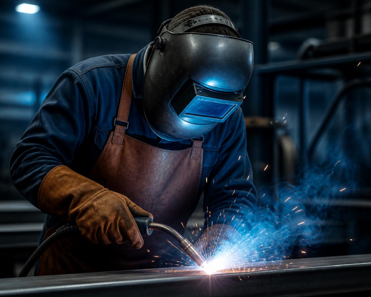Welder wearing welding helmet, apron and gauntlet gloves